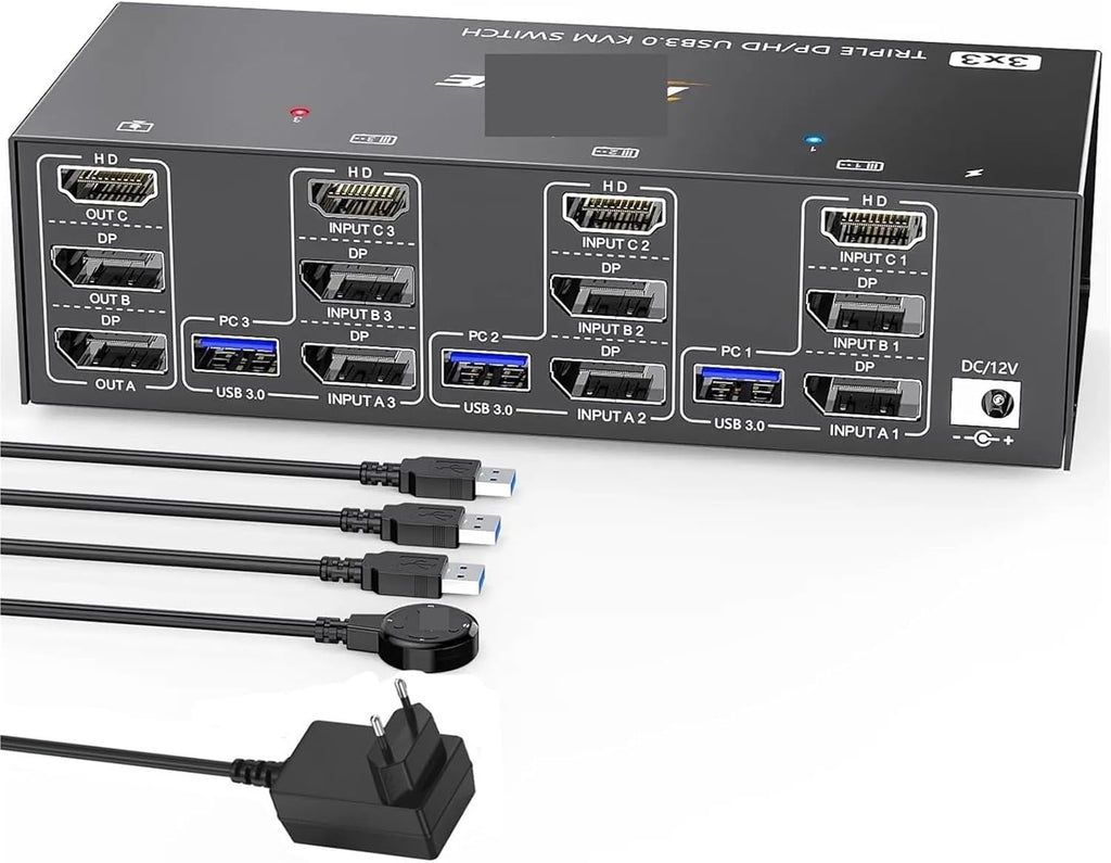 8K@60Hz HDMI+2 Displayport KVM Switch Triple Monitor for 3 Computer Share 3 Monitor and 4 USB3.0 Devices,Wired Remote(with EU Plug)