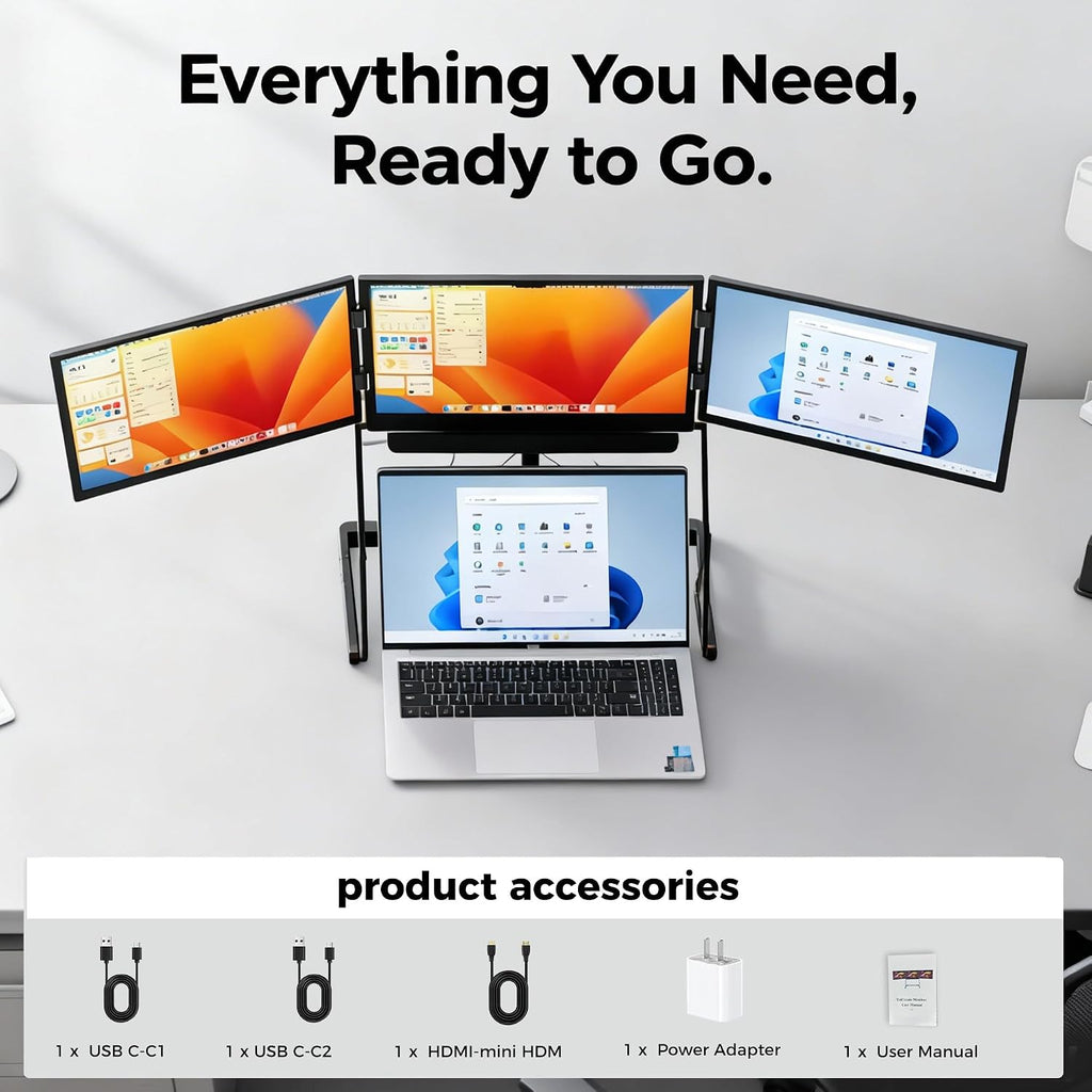 Three Screen Monitor for Laptop, Screen Extender, 15.6-inch 1080P, with 360-degree Rotation, Adjustable Angles, Portable Monitor, for Windows/Linux/Mac Black