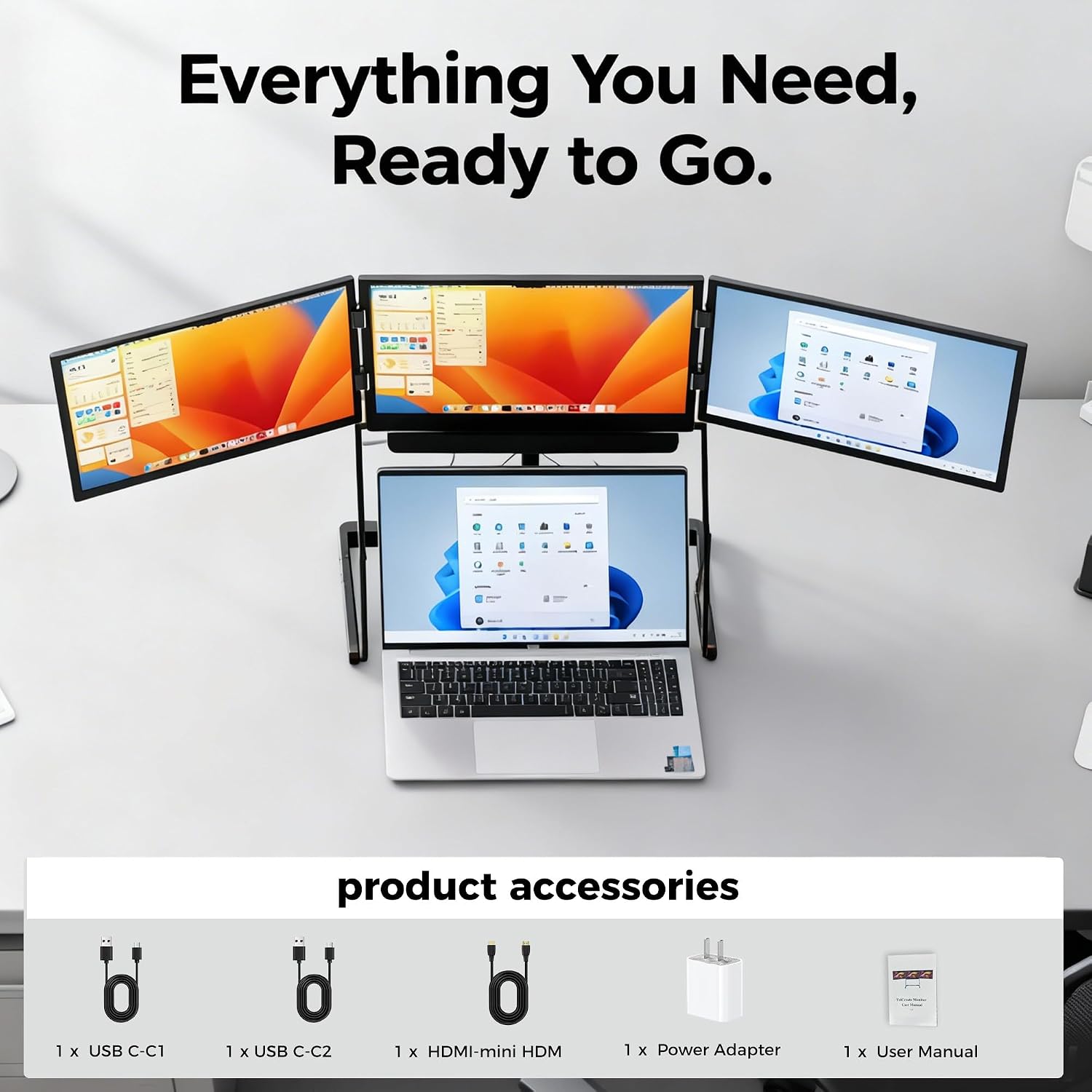 3 Monitor Setup for Laptop, Screen Extender, 15.6-inch 1080P, with 360-degree Rotation, Adjustable Angles, Monitor for Laptop, for Windows/Linux/Mac Black