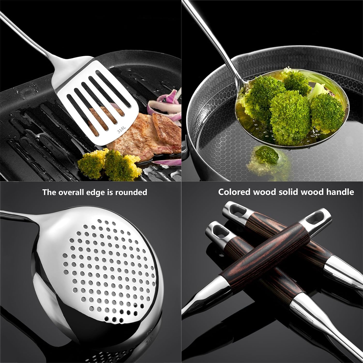 316 Stainless Steel Kitchen Utensils Set with Wooden Handle for Cooking Metal Kitchenware Cooking Utensils Set with Countertop Rotating Holder Stand Dishwasher Safe,6 Pcs