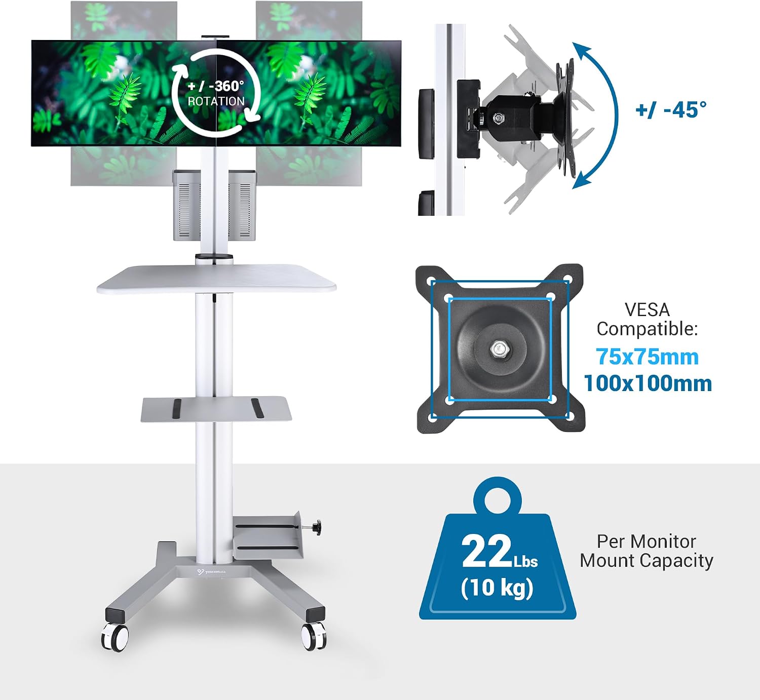 AW 32' Mobile PC Stand Workstation, Height Adjustable Dual Monitor Mount, Rolling Computer Cart on Wheels, ANSI/BIFMA X5.5-2021 Certificated Silver