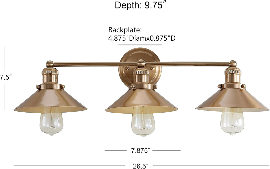 JONATHAN Y 26.5' Brass Gold 3-Light Industrial Farmhouse Metal Vanity Light Wall Sconce, Metal Shade for Bathroom Mirror, Kitchen, Entryway, LED Bulb Included (JYL7431A)