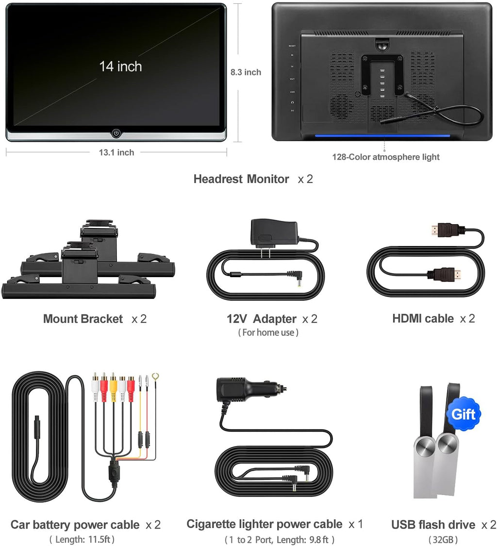 14 inch 4K Android 10.0 Portable Car TV Headrest Monitor Tablet for Back seat, Support Phone Wireless mirroring Touch Screen,with WiFi/Bluetooth/HDMI/USB/SD/FM/Airplay Video Player 2G+32G(2*PCs)