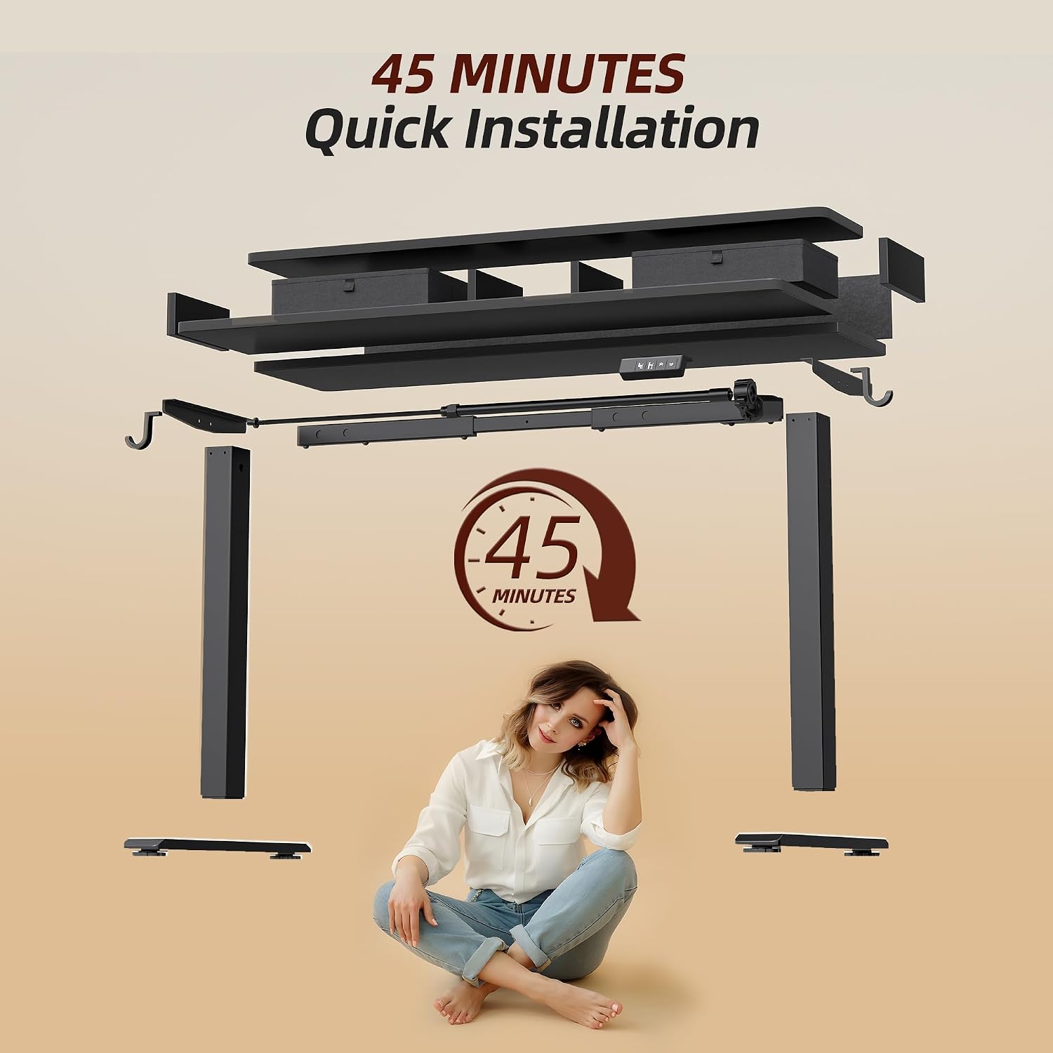 TIQLAB Standing Desk with Two Drawers, Stand Up Standing Desk Adjustable Height, Electric Sit Stand Table with Storage Shelf and Splice Board, 55 * 24 inch, Black
