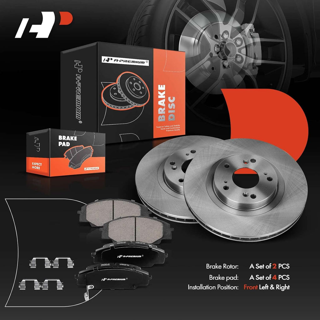 A-Premium 11.81 inch (300mm) Front Vented Disc Brake Rotors + Ceramic Pads Kit Compatible with Select Honda and Acura Models - Civic 2006-2011, CSX 2007-2010, RSX 2002-2006, 2.0L, 6-PC Set