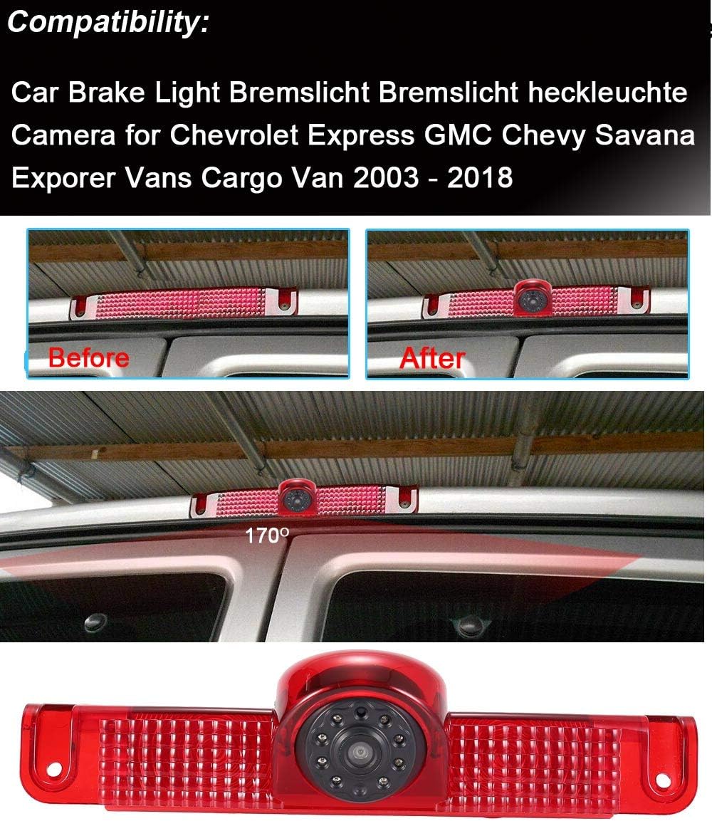 Car Third Roof Top Mount Brake Lamp Light Rear View Reverse Parking Camera,Replacement for Chevrolet Express GMC Chevy Savana Exporer Vans Cargo Van 2003-2018 (with 7 inch Monitor)