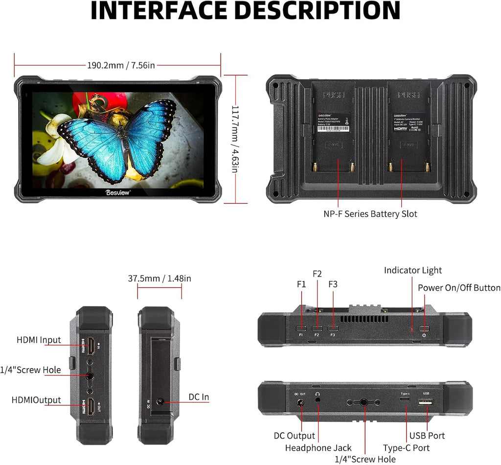 Desview A7 Camera Field Monitor, 7 inch Touch Screen 2800nit 1920 * 1080 Full HD 4K HDMI with 3D Lut Waveform VectorScope Histogram False Color Peaking Focus for DSLR Camera