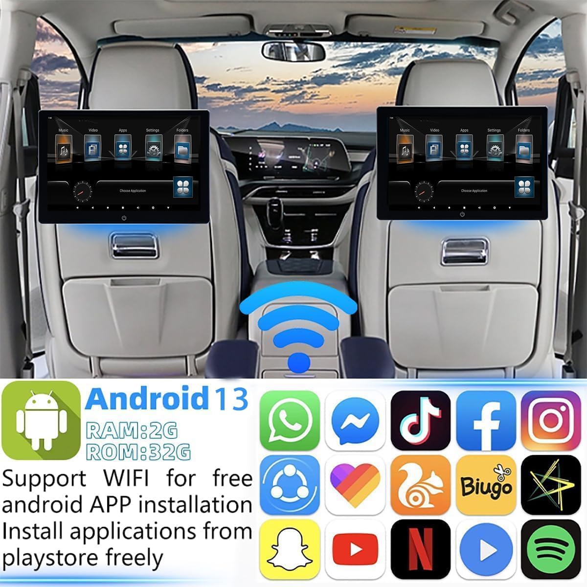 4K Android 13 Portable Car TV Headrest Monitor Back Seat,10.1 Inch Touch Screen Tablet Portable Multi-Media Video Player,Support Phone Wireless Mirror Link,WiFi USB/SD Card & 2G+32GB 1PCS