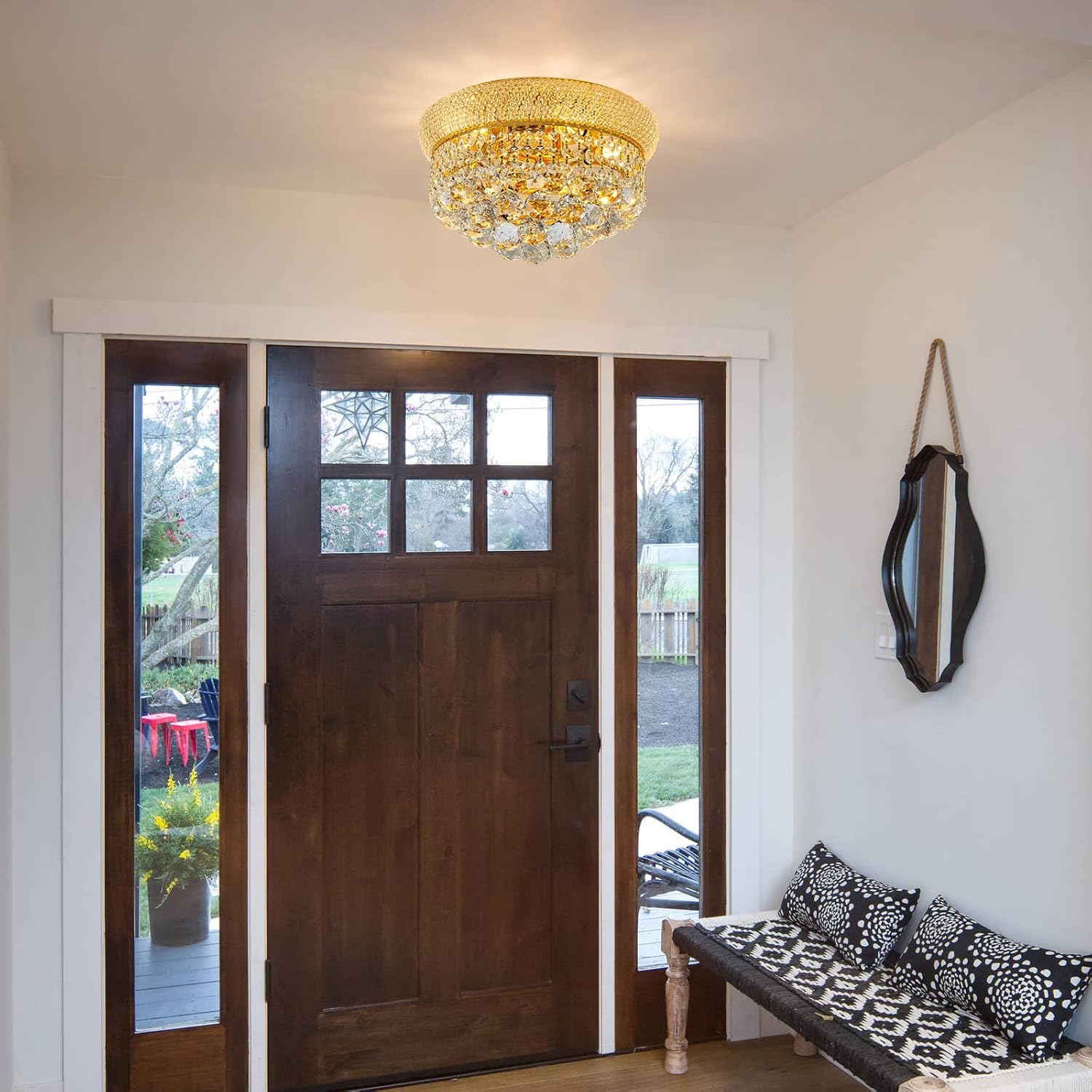 5 - Light 14' Crystal Flush Mount Chandelier Ceiling Light Fixture for Bathroom Hallway Entryway Closet Bedroom Laundry Gold Finish
