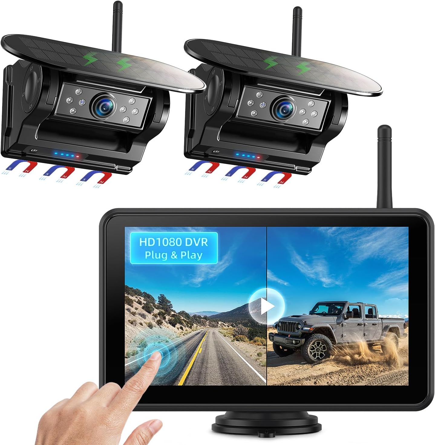 eRapta Dual Magnetic Solar Wireless Backup Cameras: HD1080P 7' Touchscreen Portable with DVR, BSD, 1-Min Install-Free IR Night Vision Hitch Backup Camera for Trailer/Truck/Small RV/Camper/Tractor