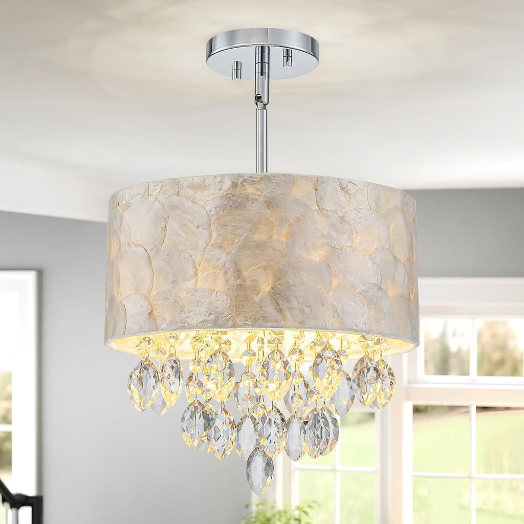 3-Light Drum Capiz Shell K9 Crystal Chandelier, Coastal Style Pendant Light Fixture for Dining Room, Living Room, D12 * H19~49 inch (Adjustable), Clear Crystal & Chrome Finish Frame