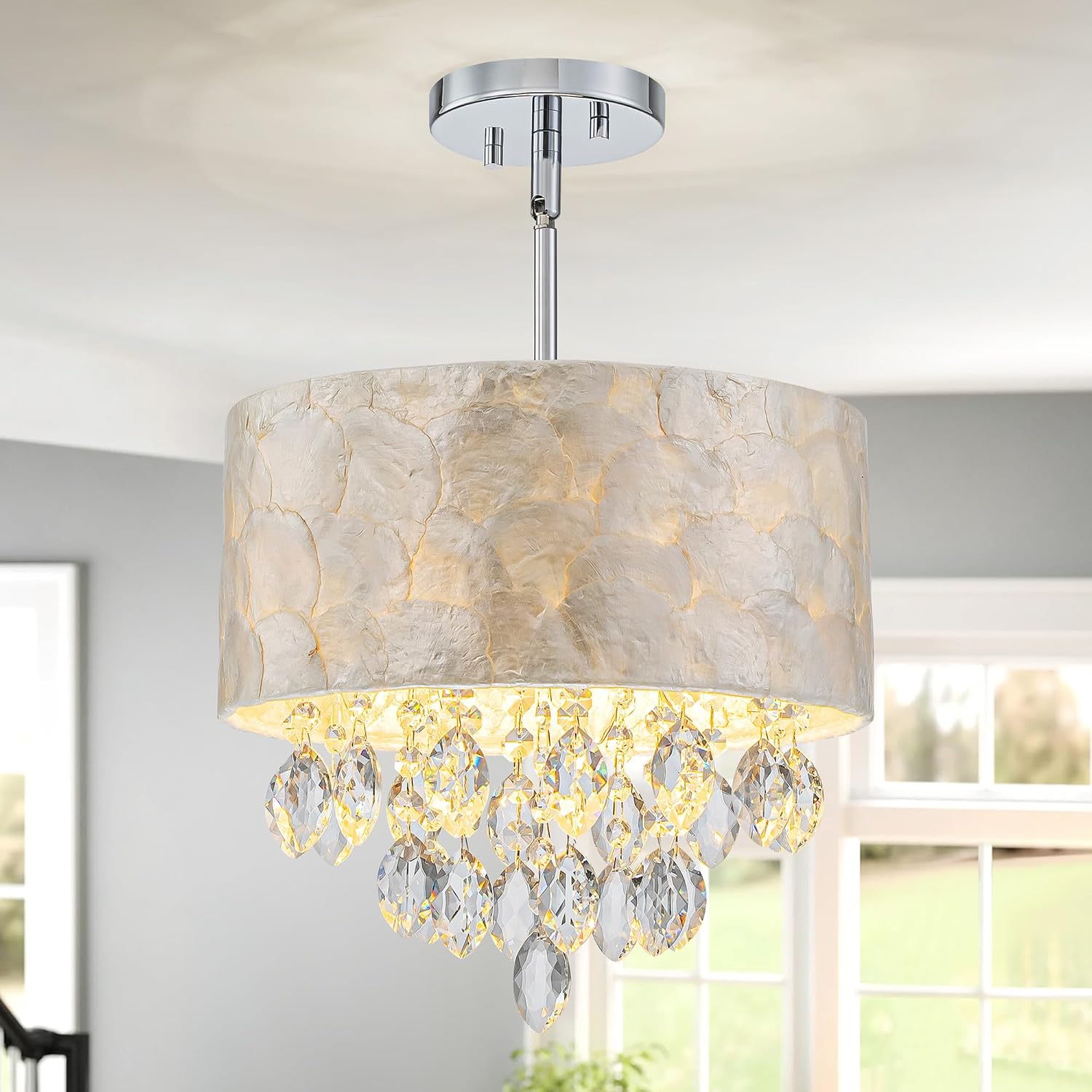 3-Light Drum Capiz Shell K9 Crystal Chandelier, Coastal Style Pendant Light Fixture for Dining Room, Living Room, D12 * H19~49 inch (Adjustable), Clear Crystal & Chrome Finish Frame