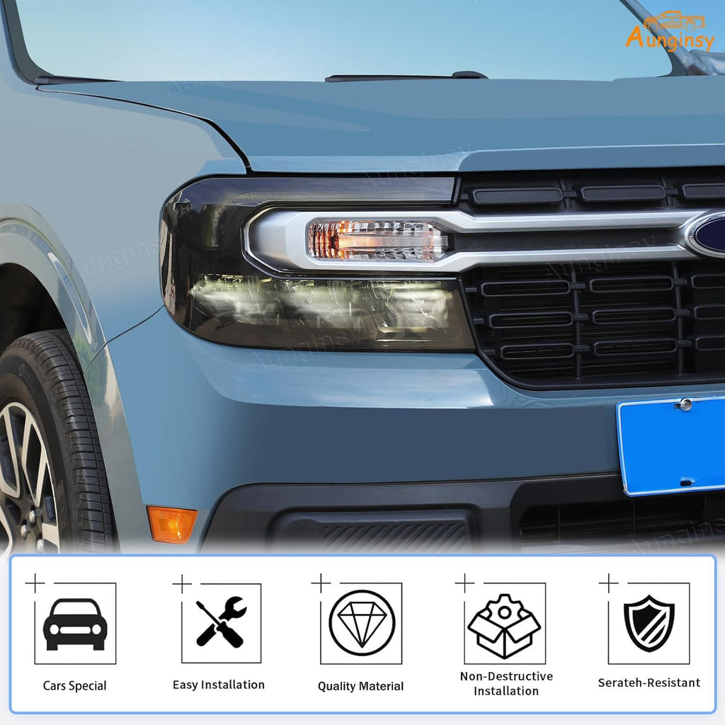 Aunginsy Car Front Headlight Trim Cover Compatible with Ford Maverick 2022-2024 Front Bumper Headlight Lamp Cover Driving Lights Shell Shade Smoked Black Frame Bezel Protector ABS Exterior Accessories