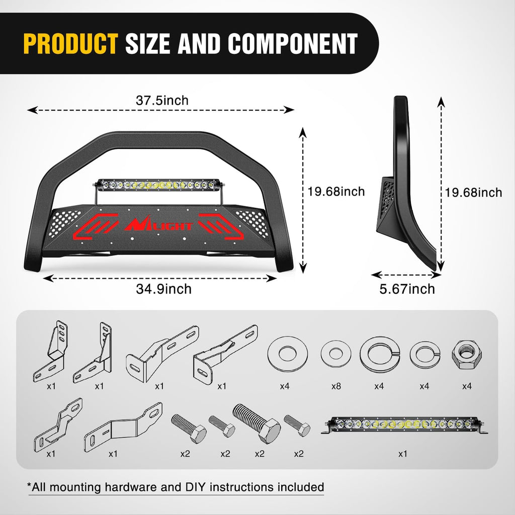 Nilight Bull Bar with Light Bar&License Plate Hole Compatible with Toyota 4Runner 2010-2024 Truck Brush Guard, Front Bumper Push Bar w/Grille Skid Plate Light Mount