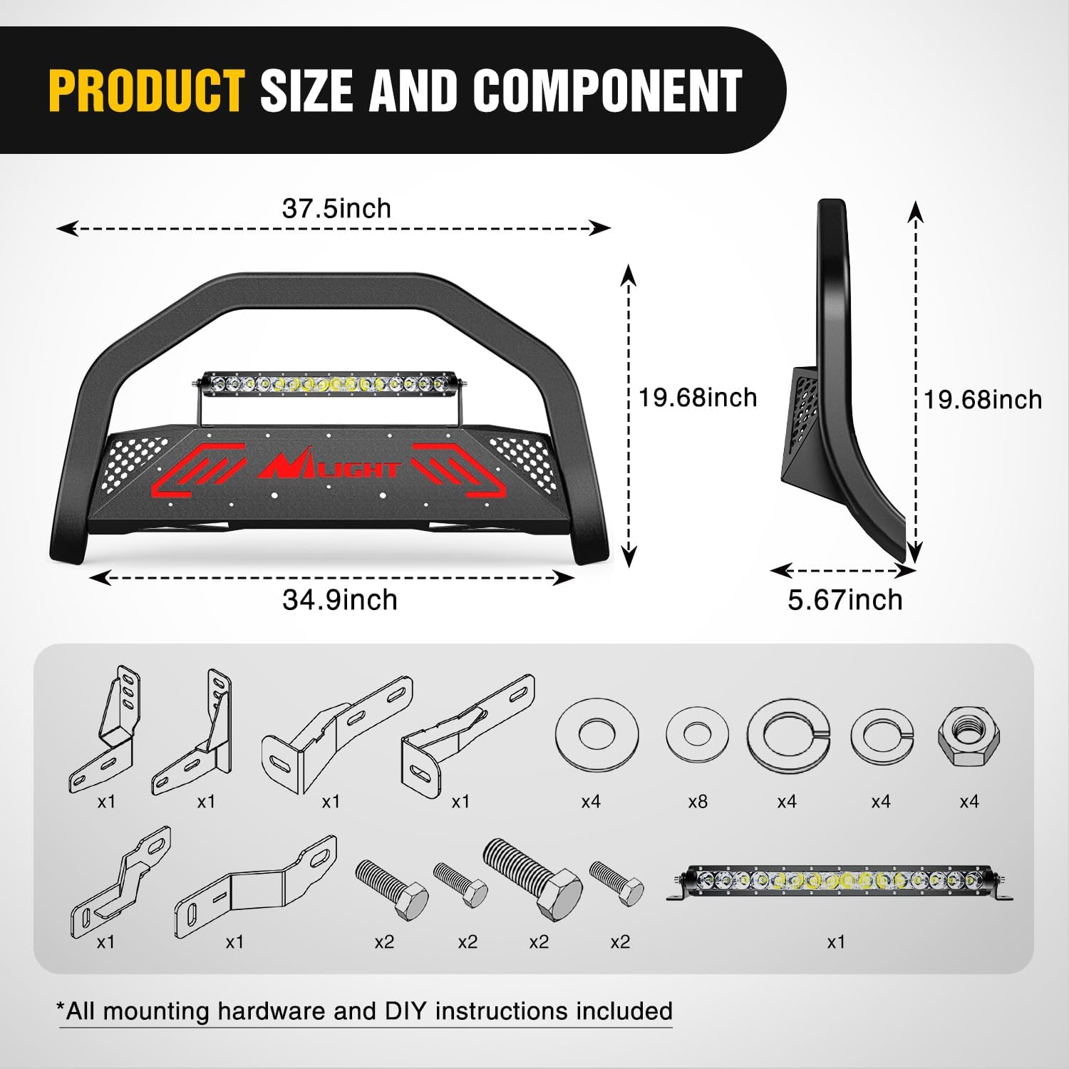Nilight Bull Bar with Light Bar&License Plate Hole Compatible with Toyota 4Runner 2010-2024 Truck Brush Guard, Front Bumper Push Bar w/Grille Skid Plate Light Mount