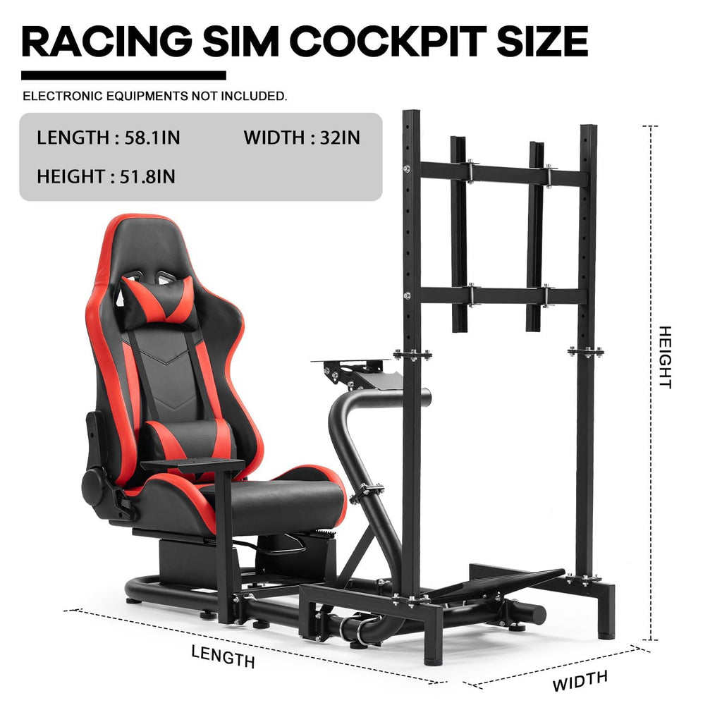 Anman Racing Sim Simulator Cockpit with Red Seat Equipped with Monitor TV Stand Fit for Thrustmaster T300RS, for Fanatec, for Logitech G27 G29 G920 G923, Handbrake Wheel Shifter Pedals NOT Included