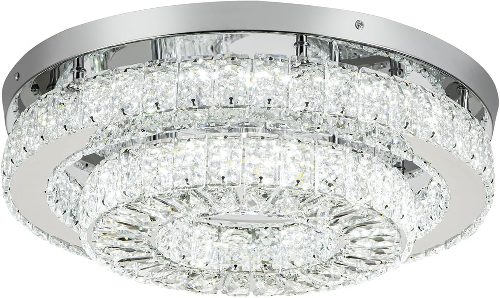HOPGGIE 18 Inch Crystal Chandelier with Remote Control 2 Tier Flush Mount Ceiling Light Fixture LED Chandelier Light for Living Room Bedroom Dining Room Closet (dimmable)