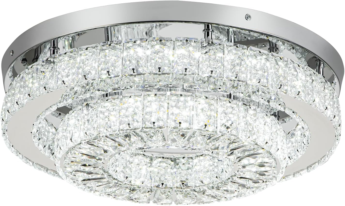 HOPGGIE 18 Inch Crystal Chandelier with Remote Control 2 Tier Flush Mount Ceiling Light Fixture LED Chandelier Light for Living Room Bedroom Dining Room Closet (dimmable)