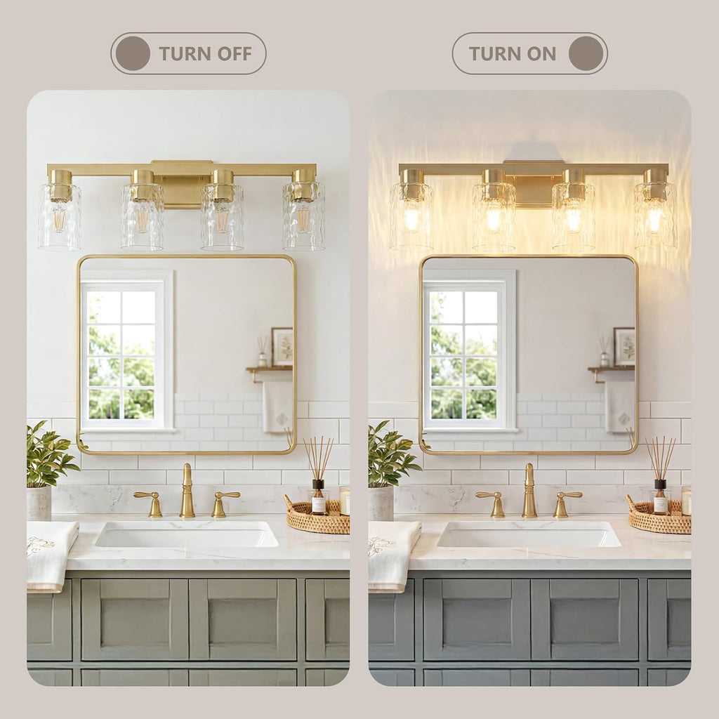 4-Light Bathroom Light Fixtures Modern Gold Vanity Lights with Water Ripple Glass Wall Sconces Over Mirror for Bathroom, Powder Room, Living Room