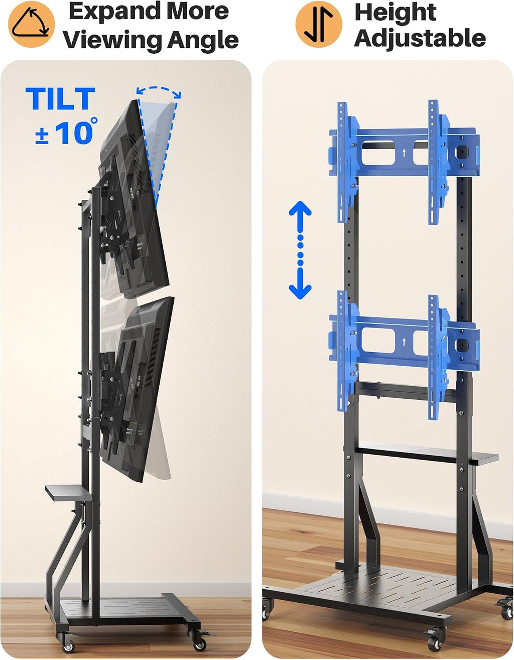 Mobile Dual TV Stand,Rolling TV Cart for 2 TVs with Table and Storage Space,Tilt TV Mount Floor Stand with Locking Wheels, Max VESA 600x400,Hold up to 132 lbs