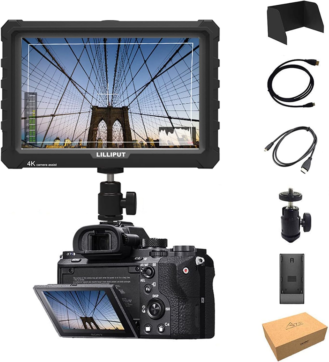LILLIPUT A7S 7' 1920x1200 IPS Screen Camera Field Monitor 4K HDMI Input Output Video for DSLR Mirrorless Camera Sony A7S II A6500 Panasonic GH5 Canon 5D Mark IV DJI Ronin M Black VIVITEQ Exclusively