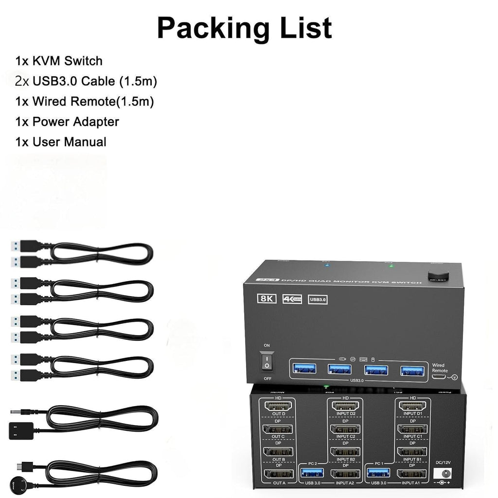 Switch 4 Monitors 2 Computers,USB 3.0 HDMI+DisplayPort Four Monitor KVM for 2 PC Share 4 Display 4USB