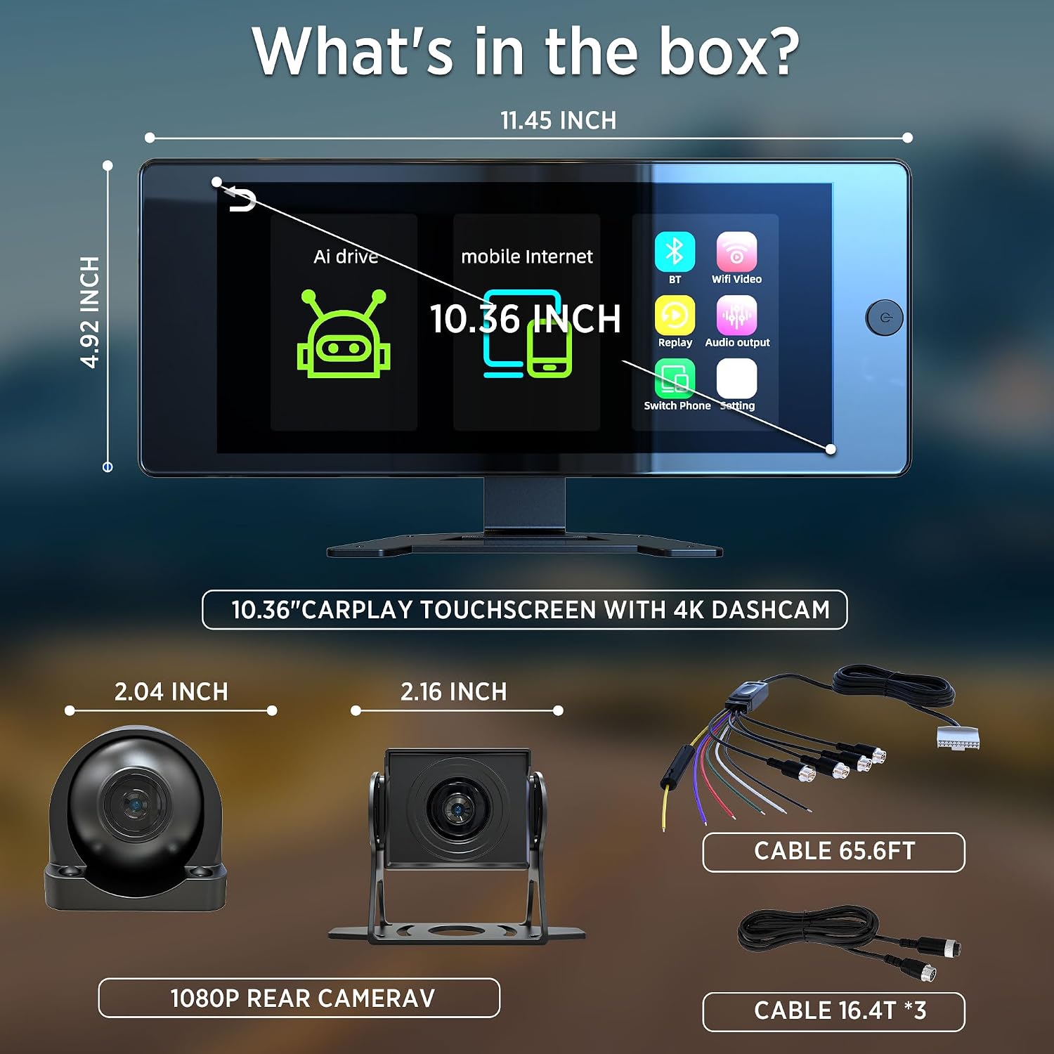 ASLONG 10.36' Wireless CarPlay Screen for Car & 4K 4CH Dash Cam with Android Auto, Portable HD Touchscreen Car Stereo with 1080P Backup Camera, GPS Navigation Mirror Link for Semi Trailer Truck
