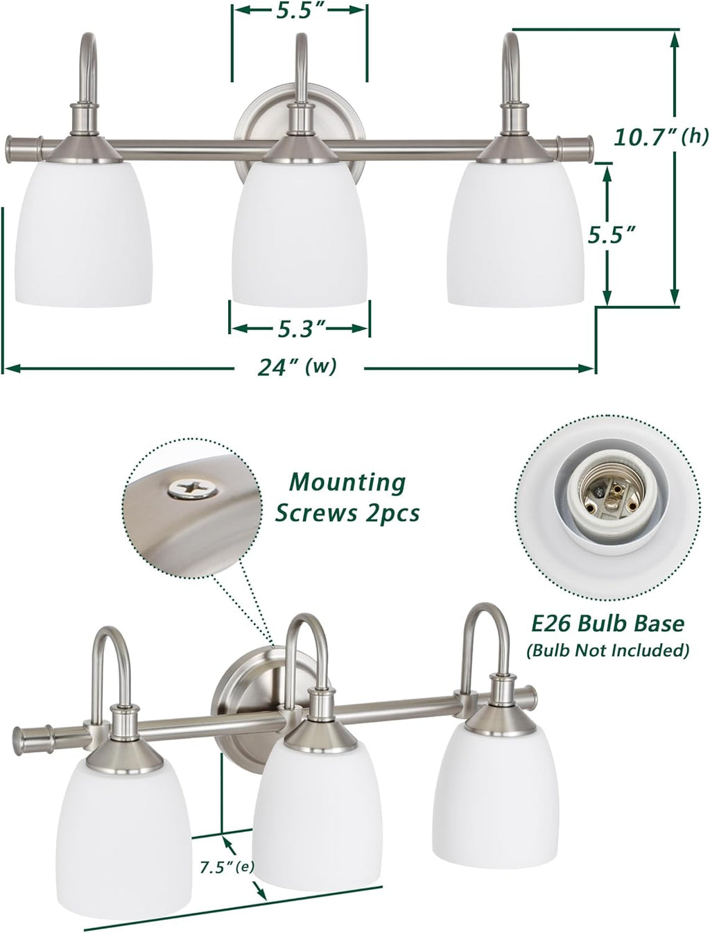 3-Light Bathroom Vanity Light Fixtures Over Mirror, Vintage Vanity Lights for Living Room, Milk White Glass Shades, Standard E26 Base, Brushed Nickel