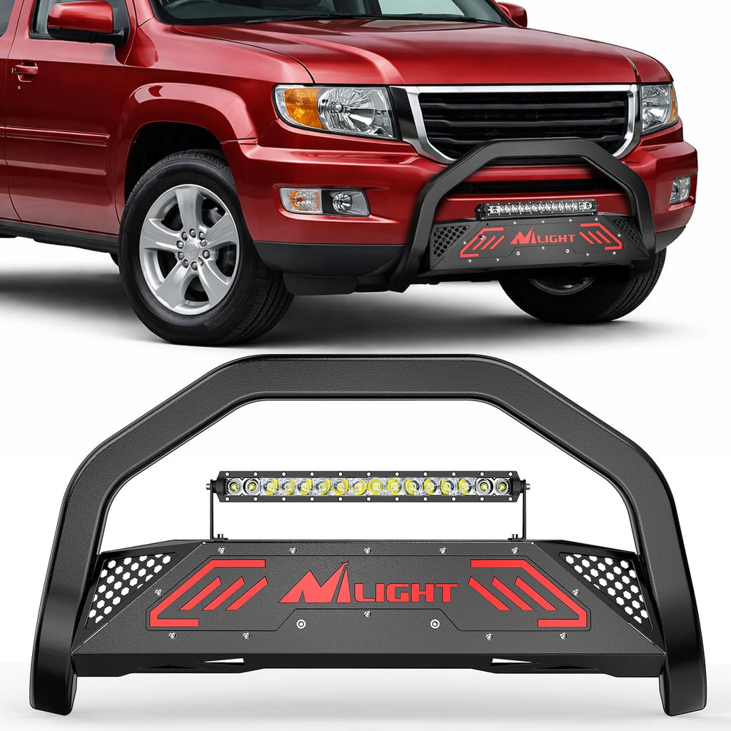 Nilight Bull Bar with Light fits 2003-2008 Honda Pilot, 2006-2015 Honda Ridgeline, 2001-2006 Acura MDX Front Bumper Grille Brush Push Guard with Skid Plate Licence Plate Hole Black