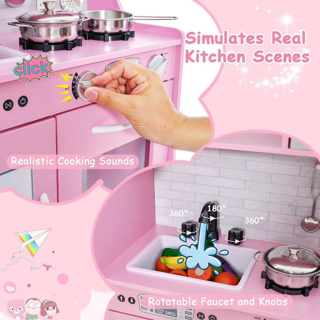 HONEY JOY Pink Kids Kitchen Playset, Wooden Little Chef Pretend Toy Kitchen Set w/Chalkboard, Telephone, Utensils, Oven, Microwave, Sink, Play Kitchen for Toddlers, Gift for Boys Girls, Pink