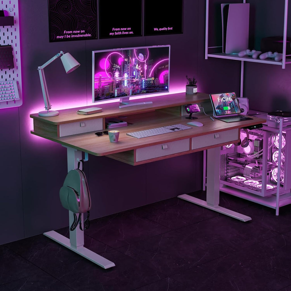 FiCiHi Adjustable Height Standing Desk with 4 Drawers,55 x 30 inches Electric Sit Stand Home Office Desk with Two Tiers, 3 Memory Presets, Monitor Stand Riser, USB A/C Charging Port