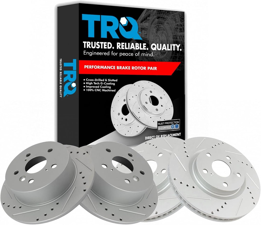 TRQ Performance Front and Rear Brake Rotor Set G Coated Drilled and Slotted Compatible with 2007-2012 Lexus ES350 2008-2012 Toyota Avalon 2007-2011 Camry