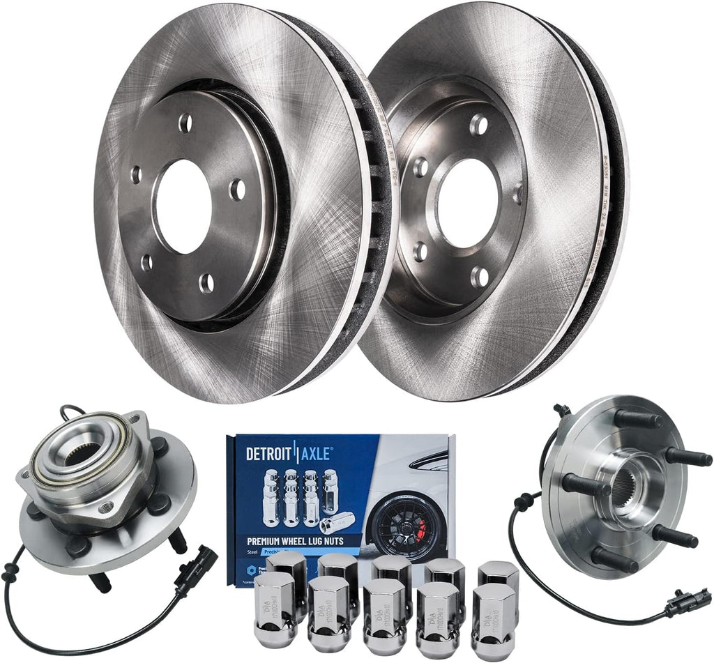 Detroit Axle - Front Disc Brake Rotors Wheel Hub Bearings + 10pc Wheel Lug Nuts Replacement for 2006-2009 Dodge Durango Chrysler Aspen - 14pc Set