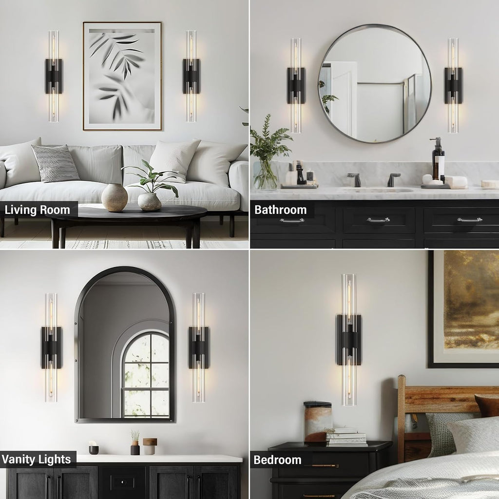 Black Wall Sconce for Bathroom Vanity, Copper Wall Light Fixtures, 22.8' Modern Two Glass Tube Wall Sconce, Indoor Wall Mounted Sconce for Bathroom Mirror, Bedroom, Living Room