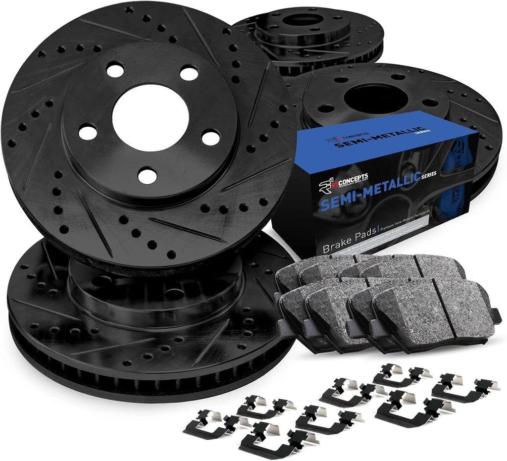R1 Concepts Front and Rear Brake Kit Fits 2007 Acura CSX; 2006-2011 Honda Civic| Semi Met Pads, Drilled Slotted Rotors| Hardware| 11.8' Front & 10.2' Rear