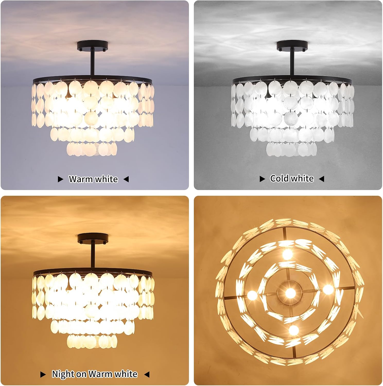 17.72' Capiz Shell Chandelier, 5 Light Natural Seashell Coastal Chandelier, Modern Capiz Seashell Pendant for Kitchen Living Dining Room Bathroom Bedroom, Black Finish