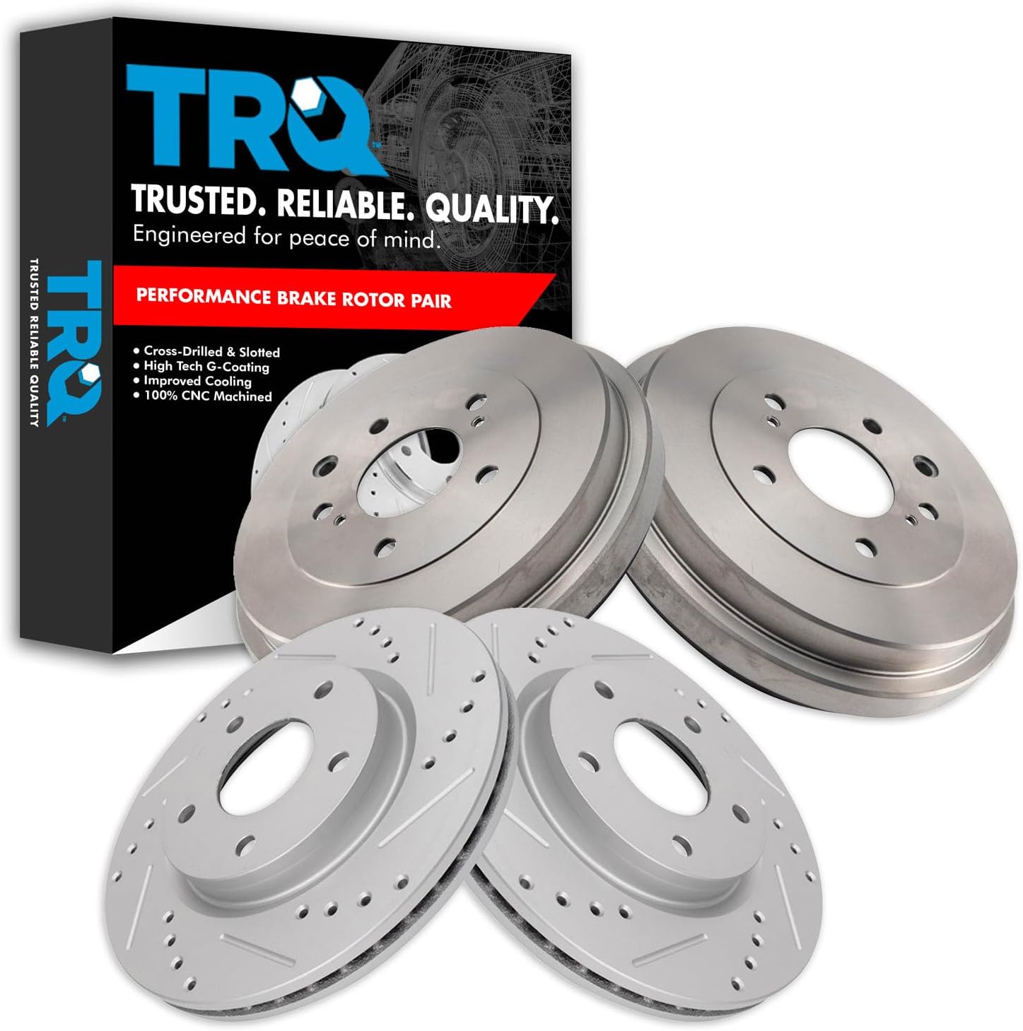 TRQ Performance Front and Rear Brake Rotor Set G Coated Drilled and Slotted Compatible with 2013-2019 Nissan Sentra