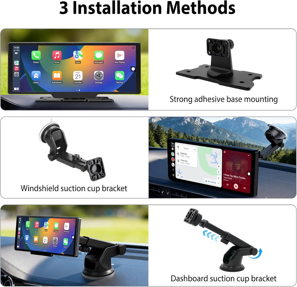 10.26' Wireless CarPlay Screen for Car: 4K Dash Cam & 1080P Backup Camera, Portable Touchscreen Car Stereo for Apple Carplay & Android Auto, GPS Navigation, Mirror Link BT FM Voice Control (ADAS)