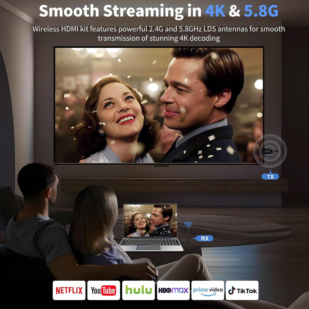 Wireless HDMI transmitter and 4 receivers, 2025 upgraded multi TV extender, plug and play, 5.8G/ 2.4G@60Hz 165FT,HDMI Wireless splitter transfers of videos from laptops/camera to multiple TVs/monitors