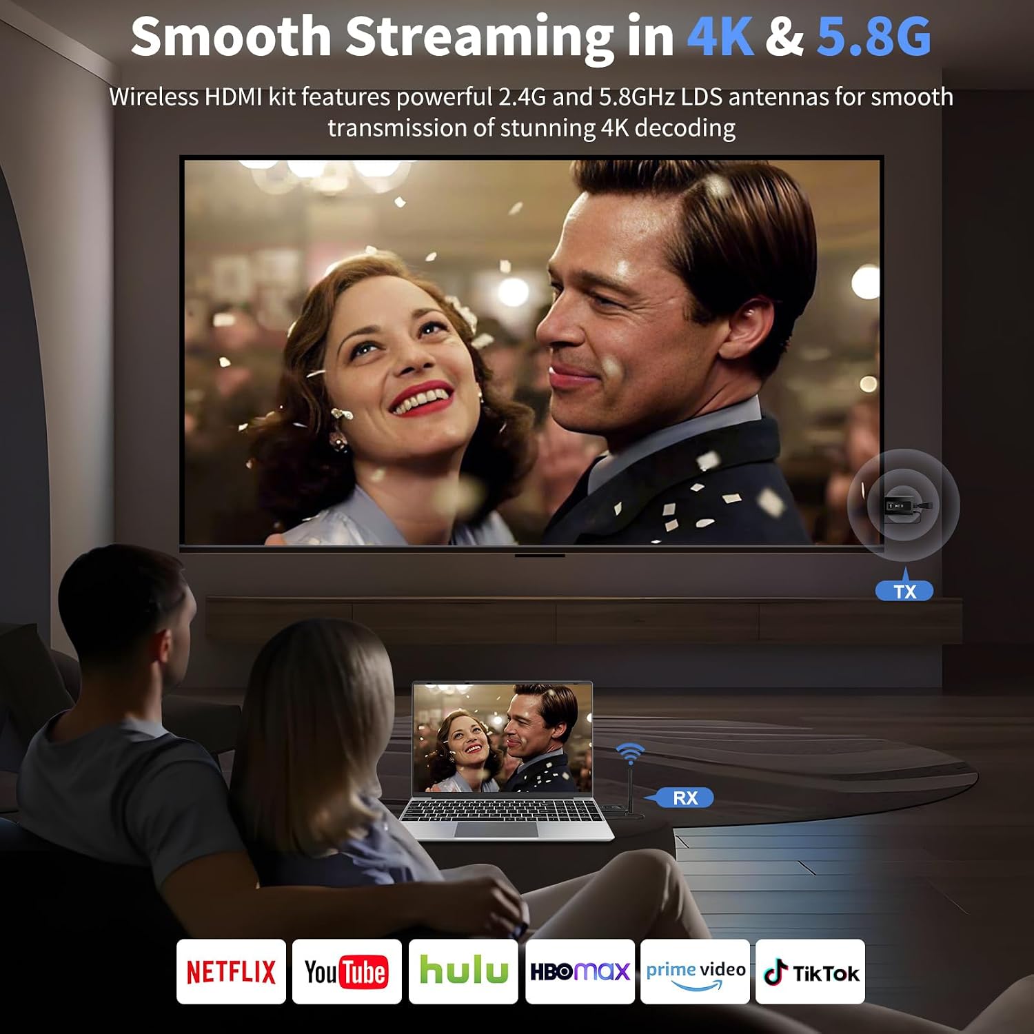 Wireless HDMI transmitter and 4 receivers, 2025 upgraded multi TV extender, plug and play, 5.8G/ 2.4G@60Hz 165FT,HDMI Wireless splitter transfers of videos from laptops/camera to multiple TVs/monitors