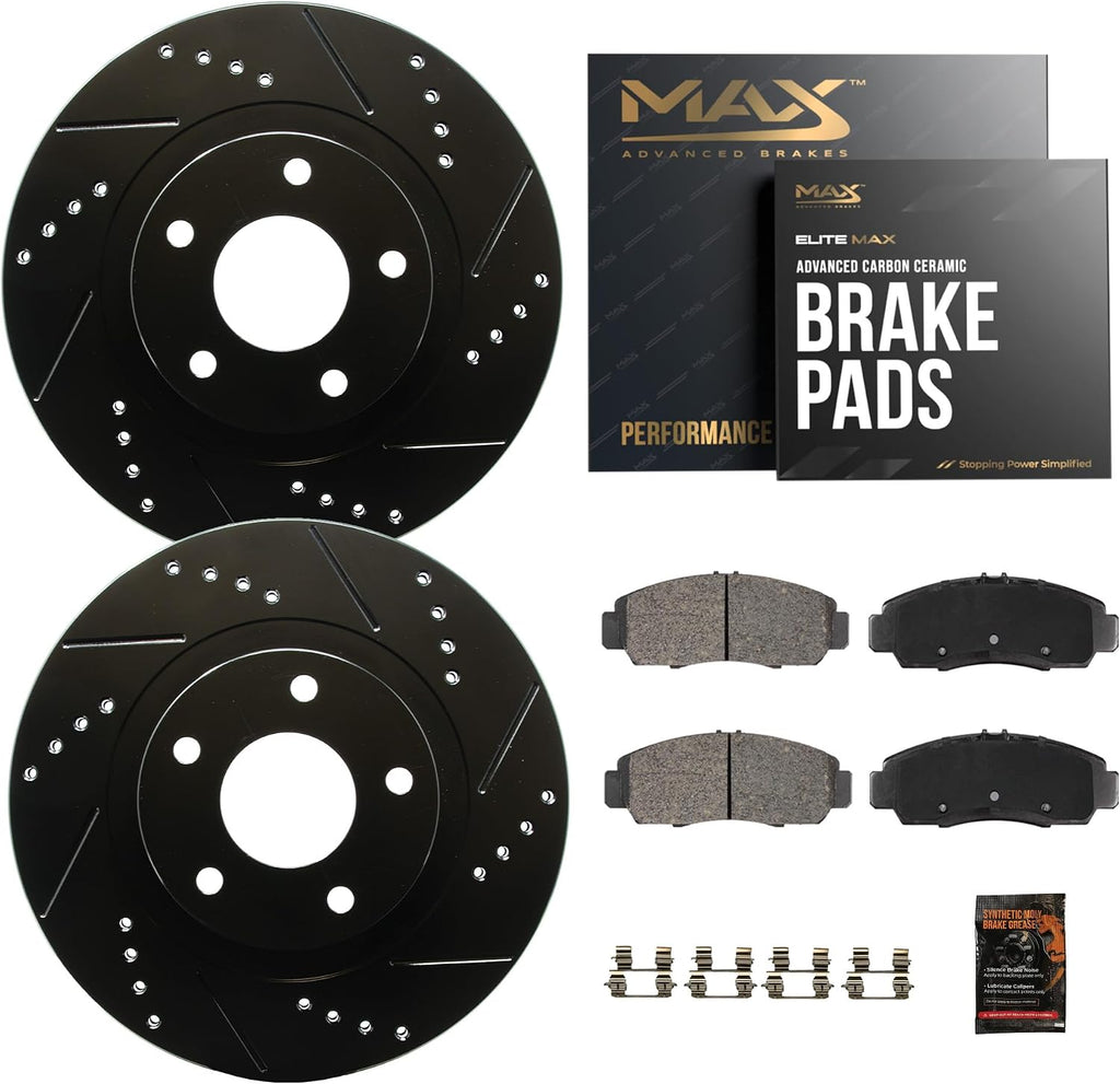 Max Advanced Brakes Front Brake Kit Compatible With 2006-2010 2011 Honda Civic Si Compatible With Acura CSX Type-S Replacement Drilled Slotted Black Coated Disc Brake Rotors and Ceramic Brake Pads