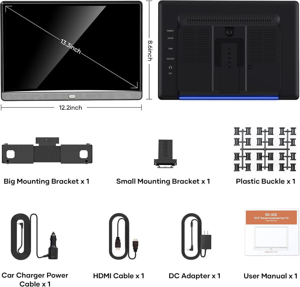 13.3' Car TV for Back Seat, 4K Android Headrest Monitor for Car, 4G+64G Portable Rear Entertainment System, Support Phone Wireless Mirror Link Touch Screen, with WiFi/HDMI/USB/Video Player