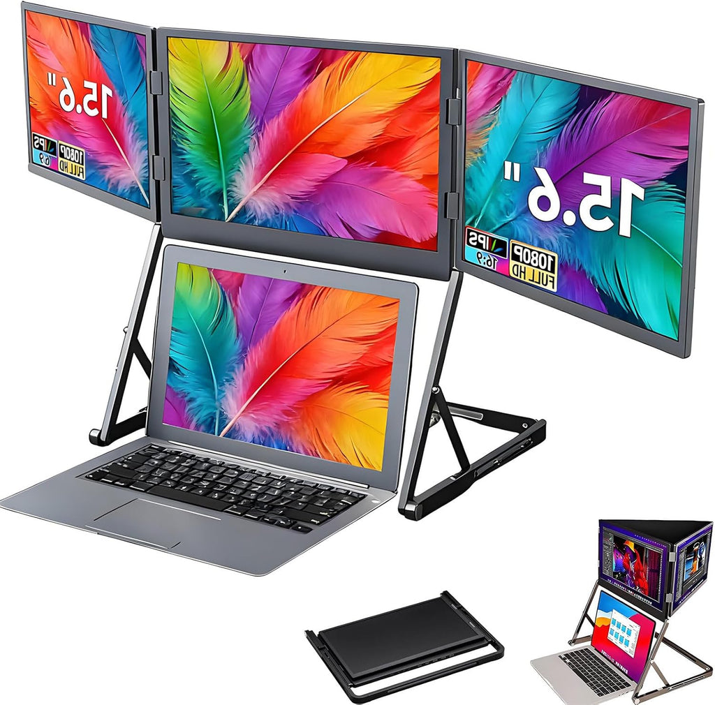 15.6' Laptop Screen Extender, FHD 1080P Portable Foldable Triple Monitor, Laptop Monitor Extender with 360° Rotation, HDMI/USB-C Attach n Play, External Monitor for Laptop for Windows/Mac