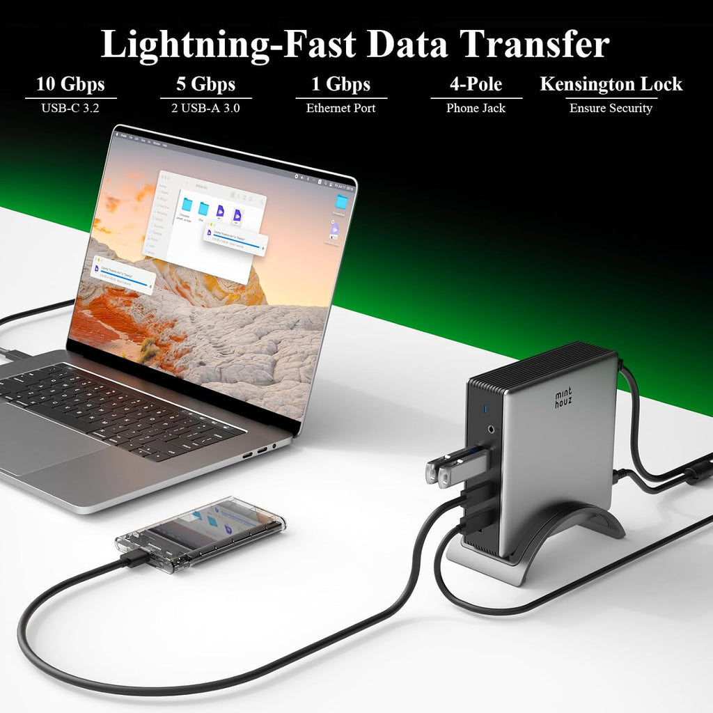 Minthouz USB-C Docking Station, PD3. 1 Docking Station, 3 Monitors with 4K@144Hz, 2×HDMI + DP, 140W PD Charge, USB-C 10Gbps, 2×USB-A 5Gbps, Gigabit Ethernet, Audio/Mic, for Chrome OS & Windows