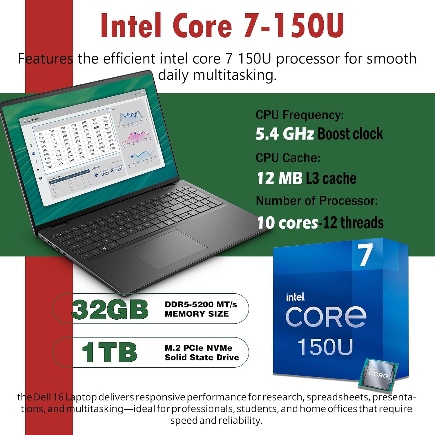 Dell 16 Touchscreen Laptop Computer 2026, Intel 10-Core 7 150U(Up to 5.4GHz), 16'' FHD+ Anti-Glare Dsiaplay, 16GB DDR5, 1TB SSD, Backlit Copilot Keyboard, Win11 pro, Express Charge, Black