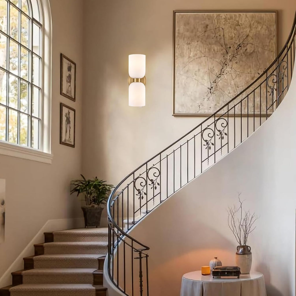 CLAXY Gold Wall Sconces 2-Light Modern Bath Vanity Light Milk White Glass | Se of 2, Dual Cyliner Opal Glass Shades, Dimmable Hardwired Wall Lights Over Mirror Bedroom Stairway Living Room Corridor