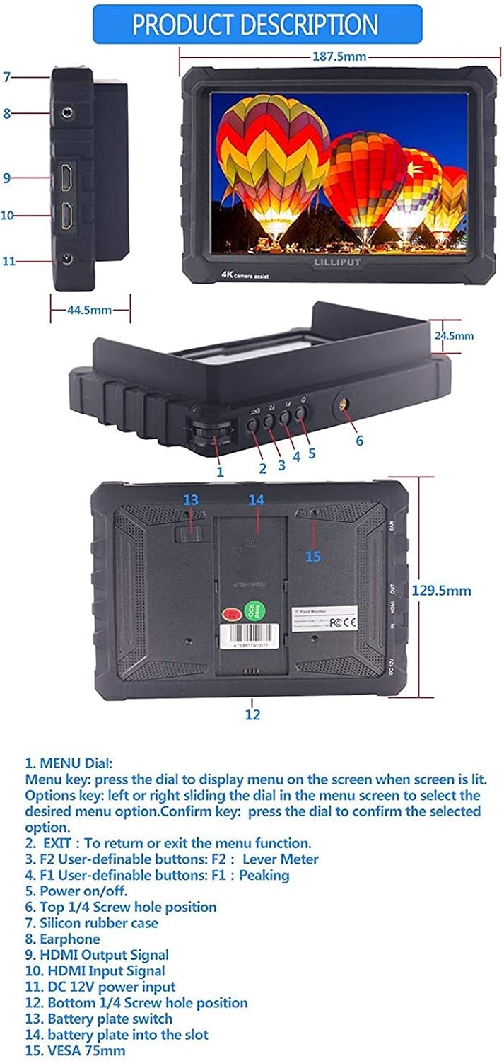 LILLIPUT A7S 7' 1920x1200 IPS Screen Camera Field Monitor 4K HDMI Input Output Video for DSLR Mirrorless Camera Sony A7S II A6500 Panasonic GH5 Canon 5D Mark IV DJI Ronin M Black VIVITEQ Exclusively