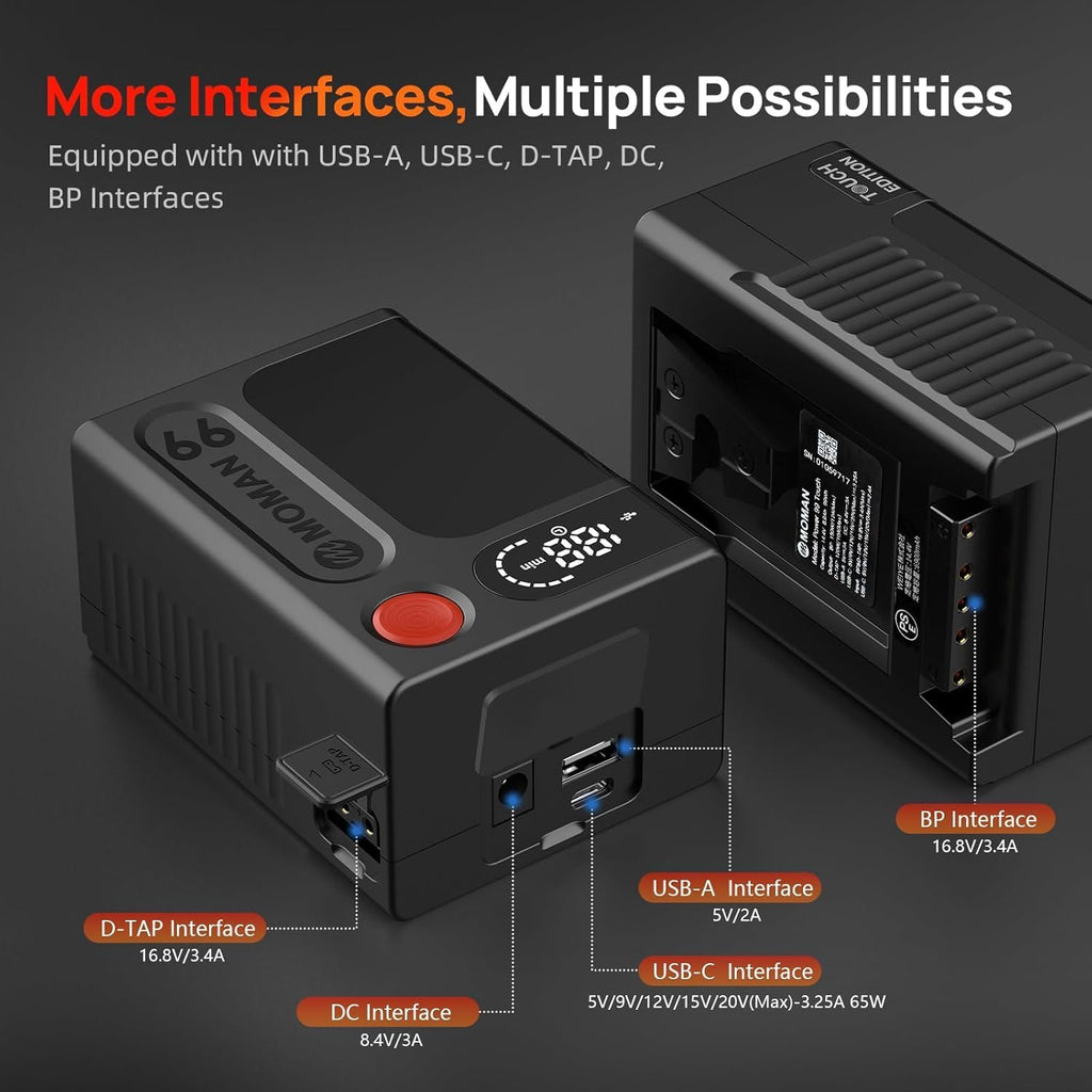 Moman V-Mount Battery, Power 99 Camera bettert Mini V Lock Batterys 99Wh/6900mAh with Time Display Compatible with Smallrig BMPCC 4k 6k Camera Camcorder Monitor D-TAP/USB-C/A Output