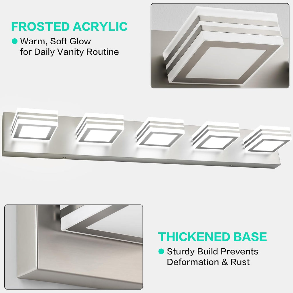 SOLFART LED Bathroom Lighting Fixtures - 5 Lights Modern Brushed Nickel Acrylic Vanity Lights for Mirror 32inch 24W