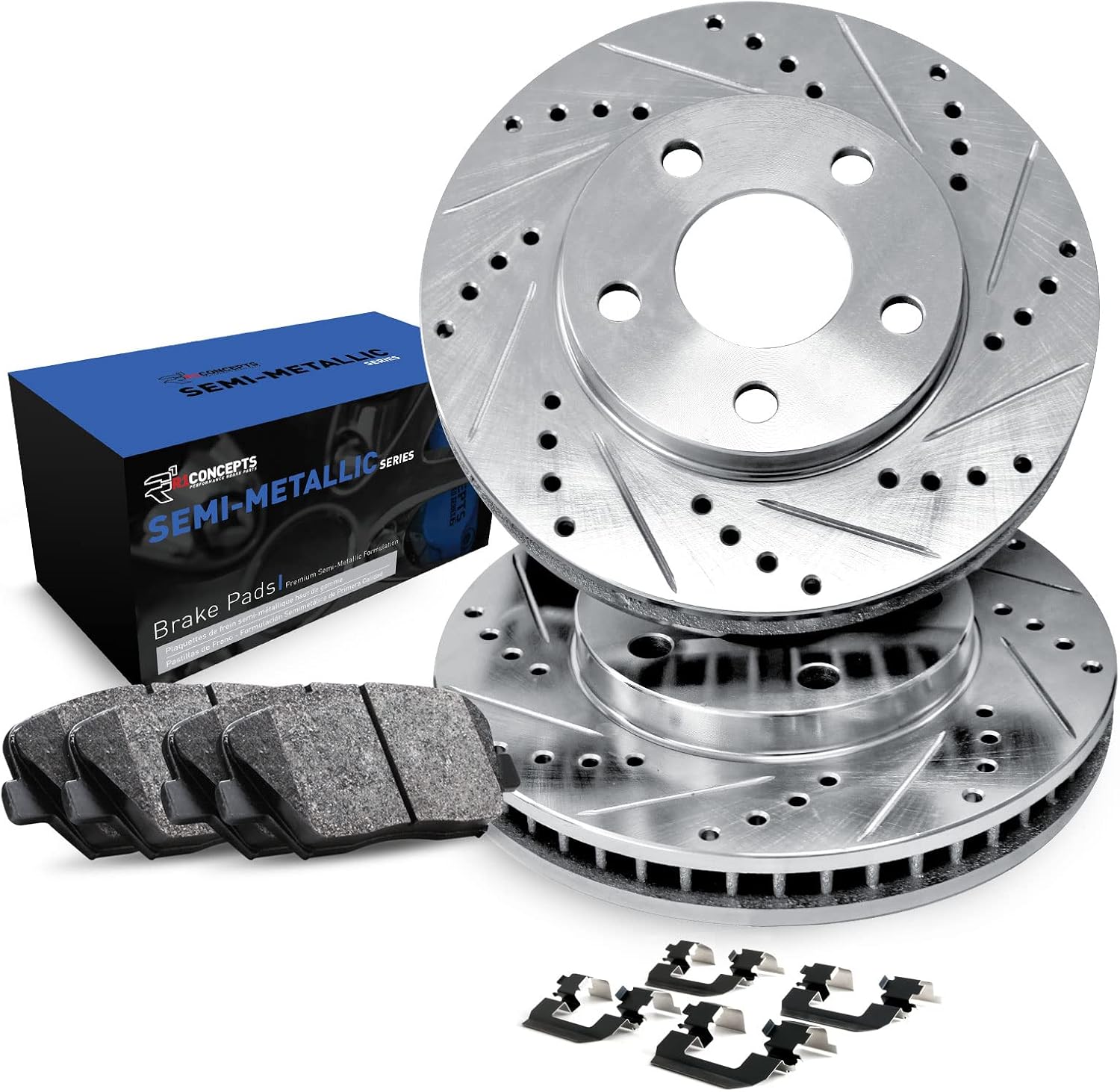 R1 Concepts Rear Brake Kit Fits 2006-2007 Acura CSX; 2013-2015 Acura ILX; 2006-2015 Honda Civic; 1997-2001 Honda Prelude| Semi Met Pads, Drilled Slotted Rotors| Hardware| 10.2' Rear
